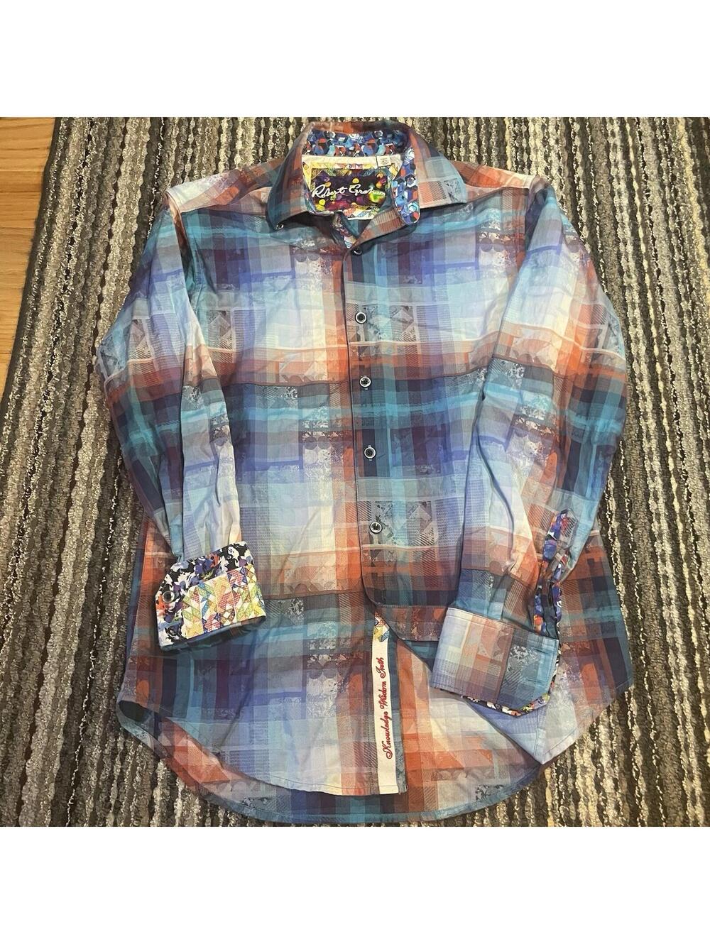 Robert Graham Abstract Blue Red Plaid Flip Cuff Embroidery Shirt Mens Sz XS